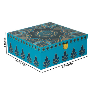 Premium Blue MDF Hamper Box with 4 printed salsa jar (9.5x9.5x4) Inch | The reusable box and airtight jars make it both beautiful and practical — ideal for gifting, personal use, wedding giveaways &amp; return gifts, corporate gifting &amp; employee hampers, housewarming or anniversary Gifts, or festive hampers.