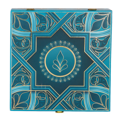 Premium Blue MDF Hamper Box with 4 printed salsa jar (9.5x9.5x4) Inch | The reusable box and airtight jars make it both beautiful and practical — ideal for gifting, personal use, wedding giveaways &amp; return gifts, corporate gifting &amp; employee hampers, housewarming or anniversary Gifts, or festive hampers.