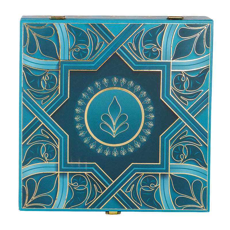 Premium Blue MDF Hamper Box with 4 printed salsa jar (9.5x9.5x4) Inch | The reusable box and airtight jars make it both beautiful and practical — ideal for gifting, personal use, wedding giveaways &amp; return gifts, corporate gifting &amp; employee hampers, housewarming or anniversary Gifts, or festive hampers.