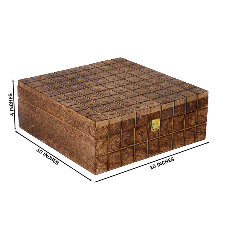 Unique Wooden Hamper Box with 2 salsa jars & 8 cavity (10x10x4) Inch 9025