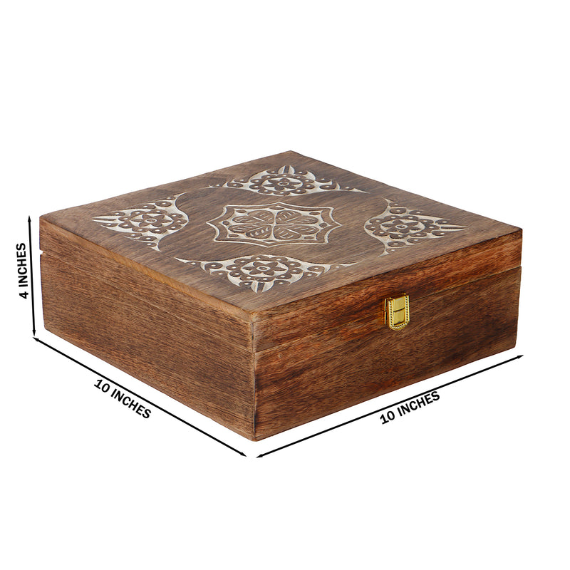 Unique Floral Design Wooden Hamper Box with 2 salsa jars & 8 cavity (10x10x4) Inch 9025A