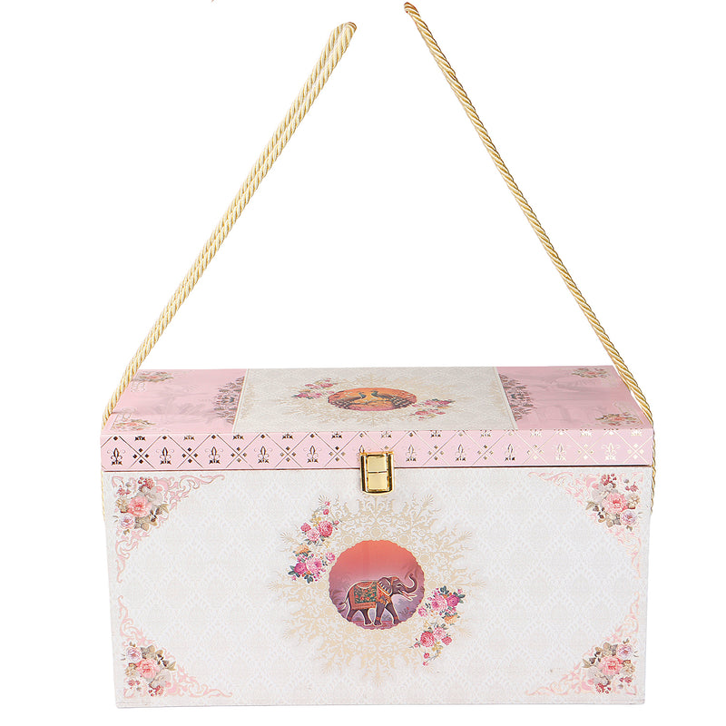 Luxury Pink Floral Carry MDF Hamper Box with 3 crown top jar & 6 compartment drawer (15x7x8) Inch 9071