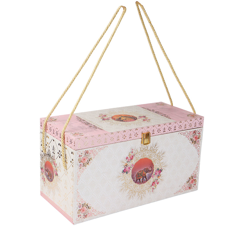 Luxury Pink Floral Carry MDF Hamper Box with 3 crown top jar & 6 compartment drawer (15x7x8) Inch 9071