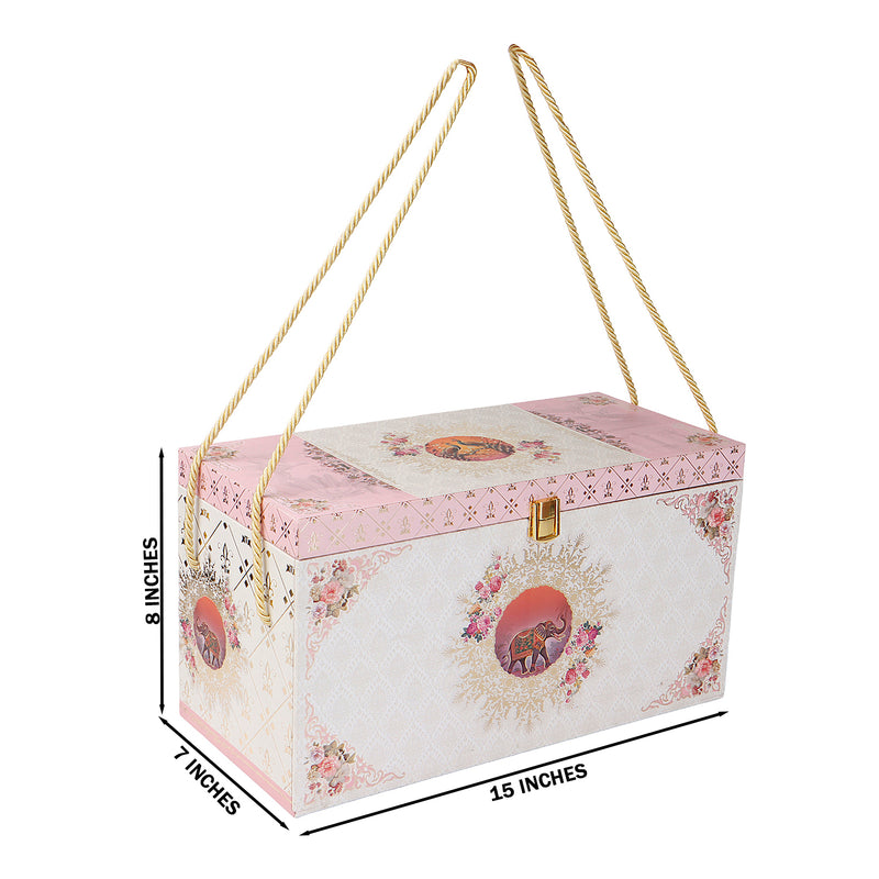 Luxury Pink Floral Carry MDF Hamper Box with 3 crown top jar & 6 compartment drawer (15x7x8) Inch 9071