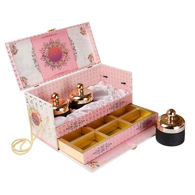Luxury Pink Floral Carry MDF Hamper Box with 3 crown top jar & 6 compartment drawer (15x7x8) Inch 9071
