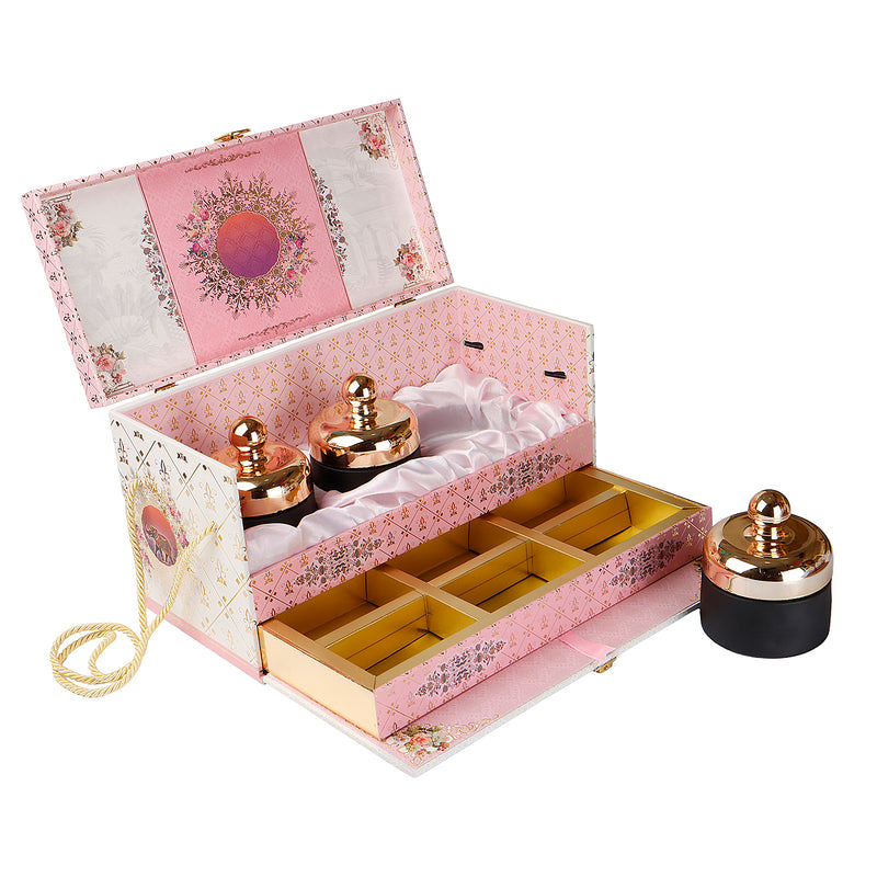 Luxury Pink Floral Carry MDF Hamper Box with 3 crown top jar & 6 compartment drawer (15x7x8) Inch 9071