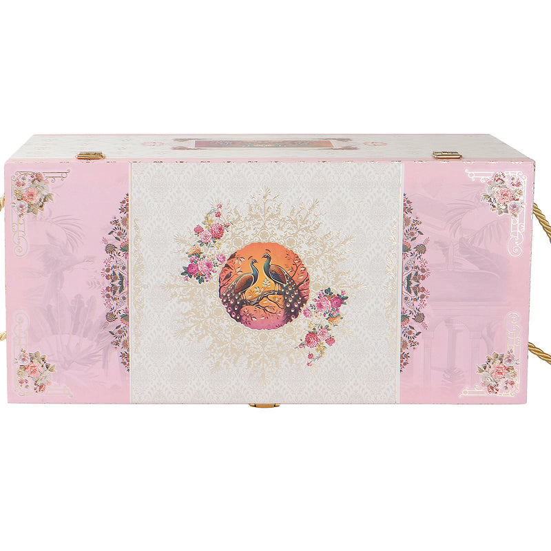 Luxury Pink Floral Carry MDF Hamper Box with 3 crown top jar & 6 compartment drawer (15x7x8) Inch 9071