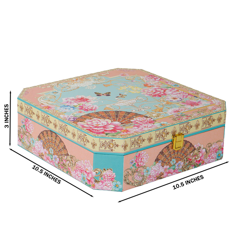 Elegant Floral Hamper Box with 2 floral printed tins & 8 cavity tray (10.5x10.5x3) Inch 9043A