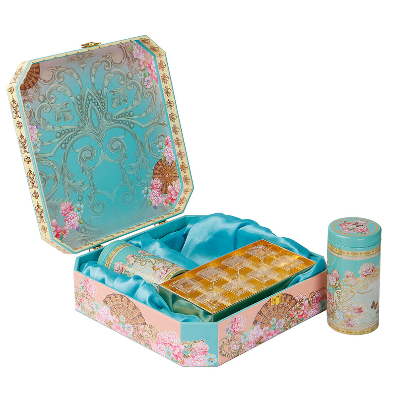 Elegant Floral Hamper Box with 2 floral printed tins & 8 cavity tray (10.5x10.5x3) Inch 9043A