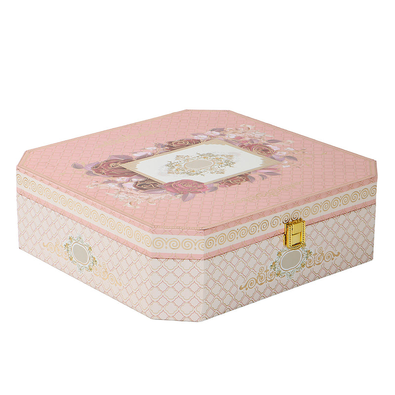 Elegant Pink Floral Hamper Box with 2 muskmelon jars & 8 cavity tray (10.5x10.5x3) Inch 9043