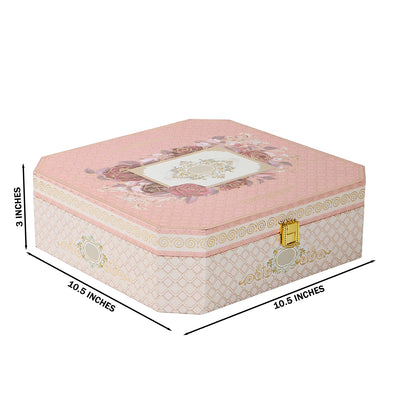 Elegant Pink Floral Hamper Box with 2 muskmelon jars & 8 cavity tray (10.5x10.5x3) Inch 9043