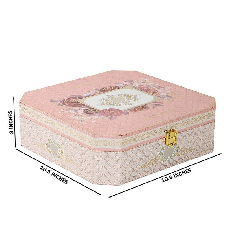 Elegant Pink Floral Hamper Box with 2 muskmelon jars & 8 cavity tray (10.5x10.5x3) Inch 9043