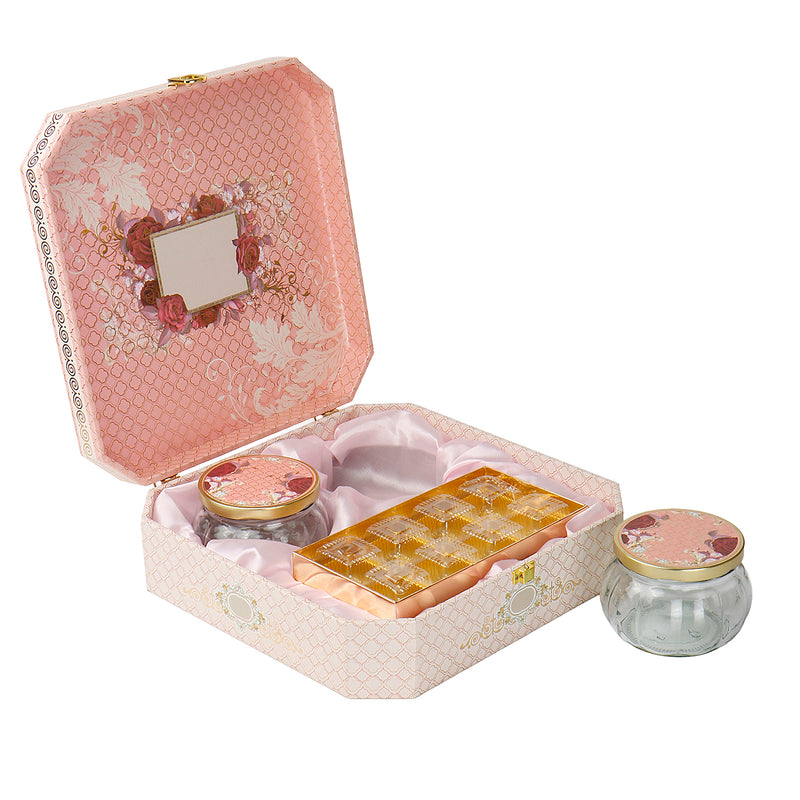 Elegant Pink Floral Hamper Box with 2 muskmelon jars & 8 cavity tray (10.5x10.5x3) Inch 9043