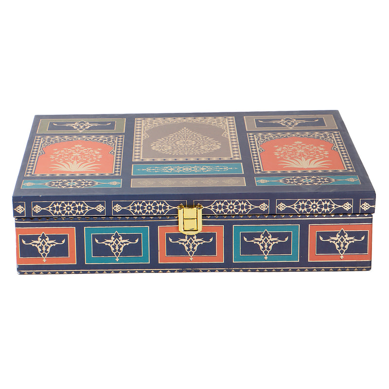 Royal Blue Mughal Theme MDF Hamper Box with 2 short salsa & 3 liner cavity (12x10x3) 9034A