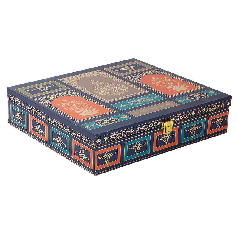 Royal Blue Mughal Theme MDF Hamper Box with 2 short salsa & 3 liner cavity (12x10x3) 9034A
