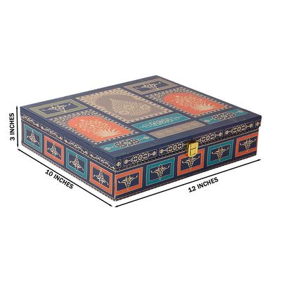 Royal Blue Mughal Theme MDF Hamper Box with 2 short salsa & 3 liner cavity (12x10x3) 9034A