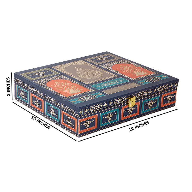 Royal Blue Mughal Theme MDF Hamper Box with 2 short salsa & 3 liner cavity (12x10x3) 9034A