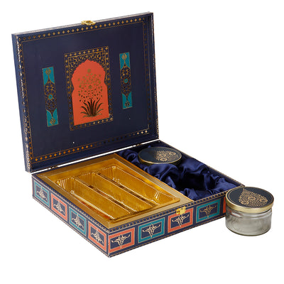 Royal Blue Mughal Theme MDF Hamper Box with 2 short salsa & 3 liner cavity (12x10x3) 9034A