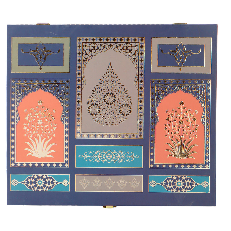 Royal Blue Mughal Theme MDF Hamper Box with 2 short salsa & 3 liner cavity (12x10x3) 9034A