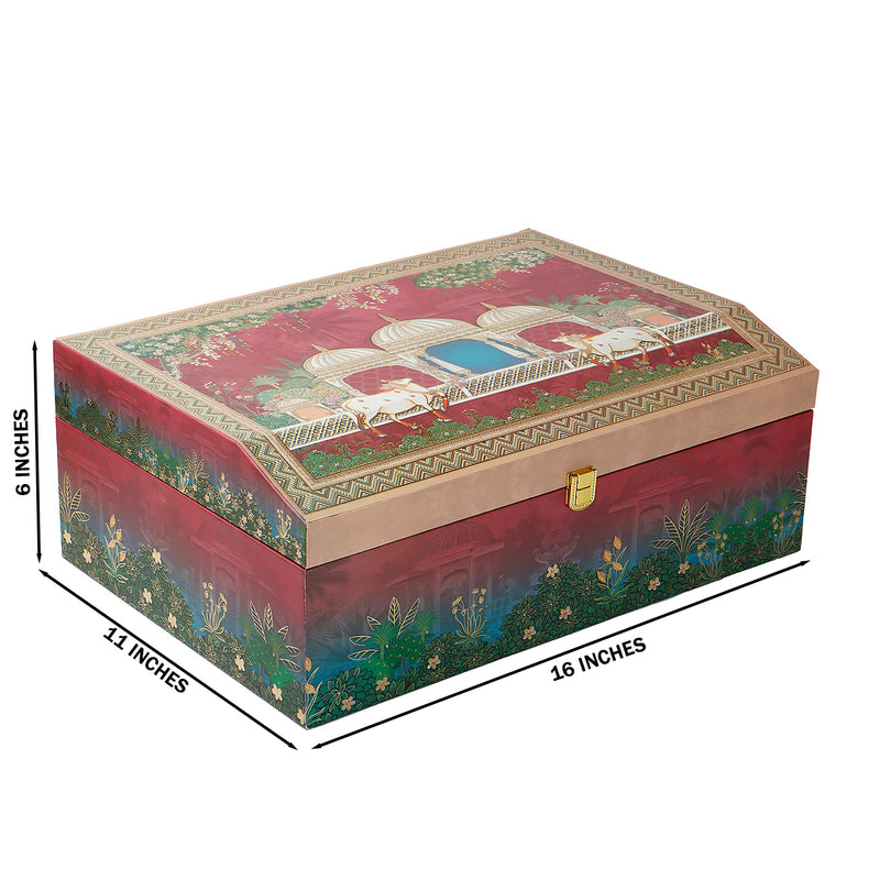Pichwai Art MDF Hamper Box with 2 bow jar & 20 cavity tray (16x11x6) Inch 9010A