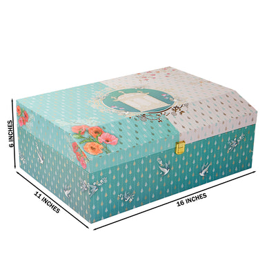 Turquoise Blue Floral MDF Hamper Box with 2 fancy jar & 20 cavity tray (16x11x6) Inch 9012A
