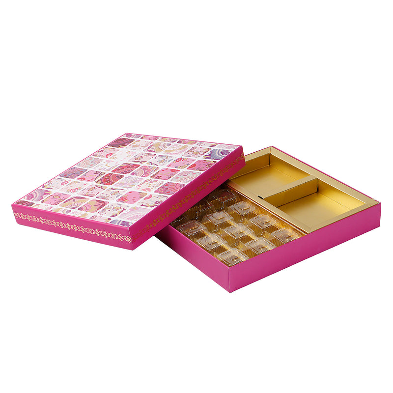 Festive Pink Printed Hamper Box with 18 cavity tray & 2 compartments (10.75x9.5x1.5) Inch 9050