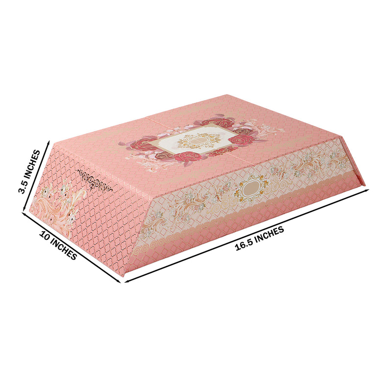 Pink Floral Hamper Box with 3 glass jar & 12 golden cavity (16.5x10x3.5) Inch 9028A