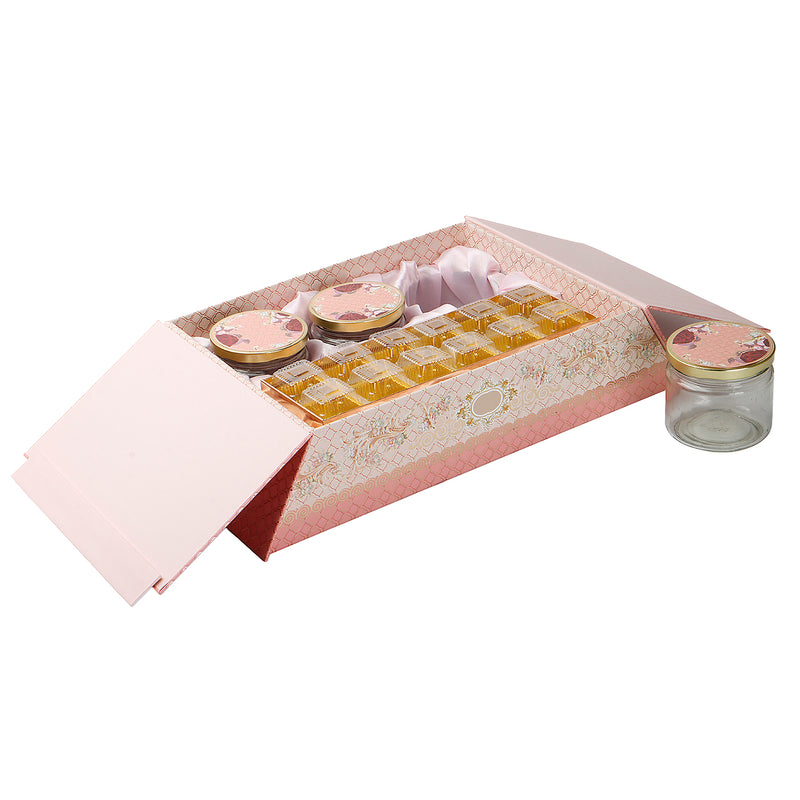 Pink Floral Hamper Box with 3 glass jar & 12 golden cavity (16.5x10x3.5) Inch 9028A