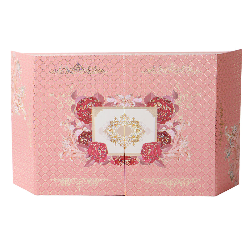 Pink Floral Hamper Box with 3 glass jar & 12 golden cavity (16.5x10x3.5) Inch 9028A