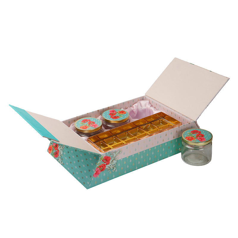 Turquoise Blue Hamper Box with 3 glass jar & 12 golden cavity (16.5x10x3.5) Inch 9028