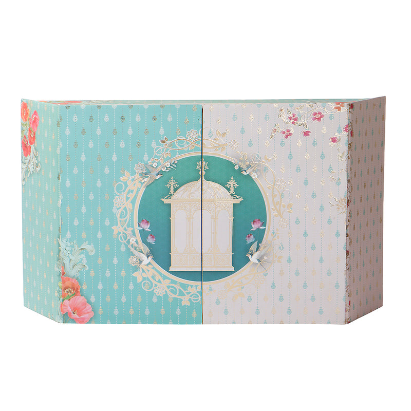 Turquoise Blue Hamper Box with 3 glass jar & 12 golden cavity (16.5x10x3.5) Inch 9028