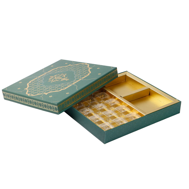 Festive Green Printed Hamper Box with 18 cavity tray & 2 compartments (10.75x9.5x1.5) Inch 9050A