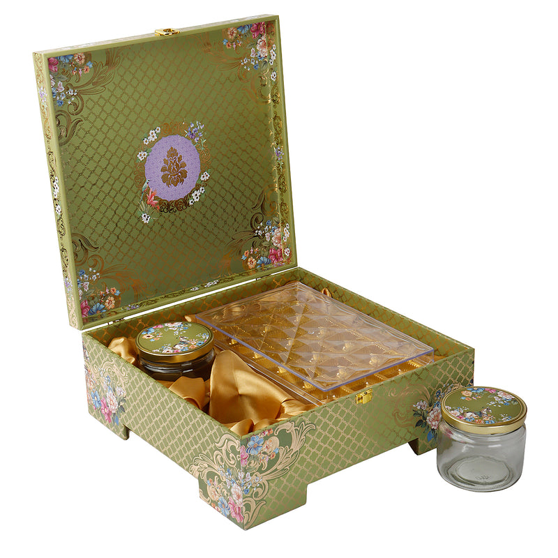 Floral MDF Hamper Box with 2 salsa jars & 15 cavity box (12x12x5) Inch 9072