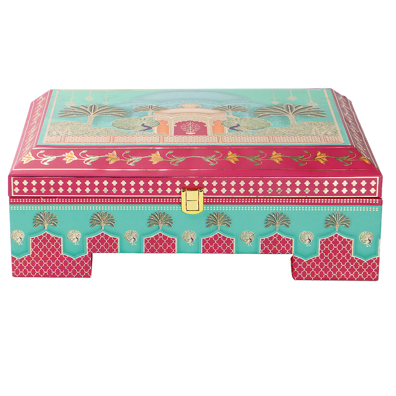 Royal Festive MDF Hamper with 4 printed short salsa jars & 9 cavity tray (13.5x9.5x5) Inch 9062A