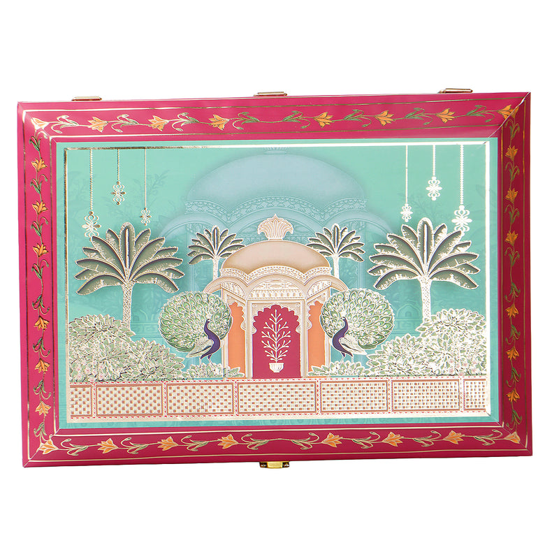 Royal Festive MDF Hamper with 4 printed short salsa jars & 9 cavity tray (13.5x9.5x5) Inch 9062A