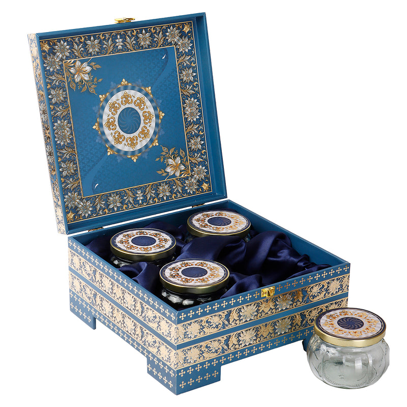 Royal Blue Festive MDF Hamper with 4 muskmelon jars (10x10x6.5) Inch 9063A