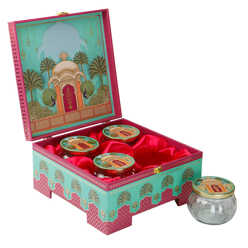 Royal Festive MDF Hamper with 4 muskmelon jars (10x10x6.5) Inch 9063