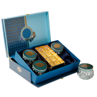 Pichwai Art Hamper Box with 4 printed muskmelon jars & 8 cavity tray (14x10x4) Inch 9046