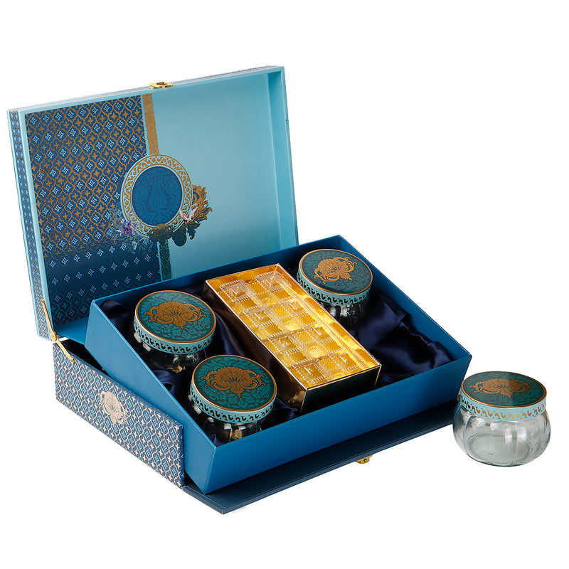 Pichwai Art Hamper Box with 4 printed muskmelon jars & 8 cavity tray (14x10x4) Inch 9046