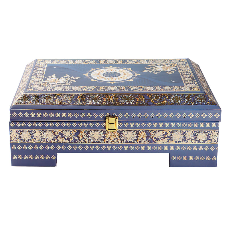 Royal Blue Festive MDF Hamper with 4 printed short salsa jars & 9 cavity tray (13.5x9.5x5) Inch 9062