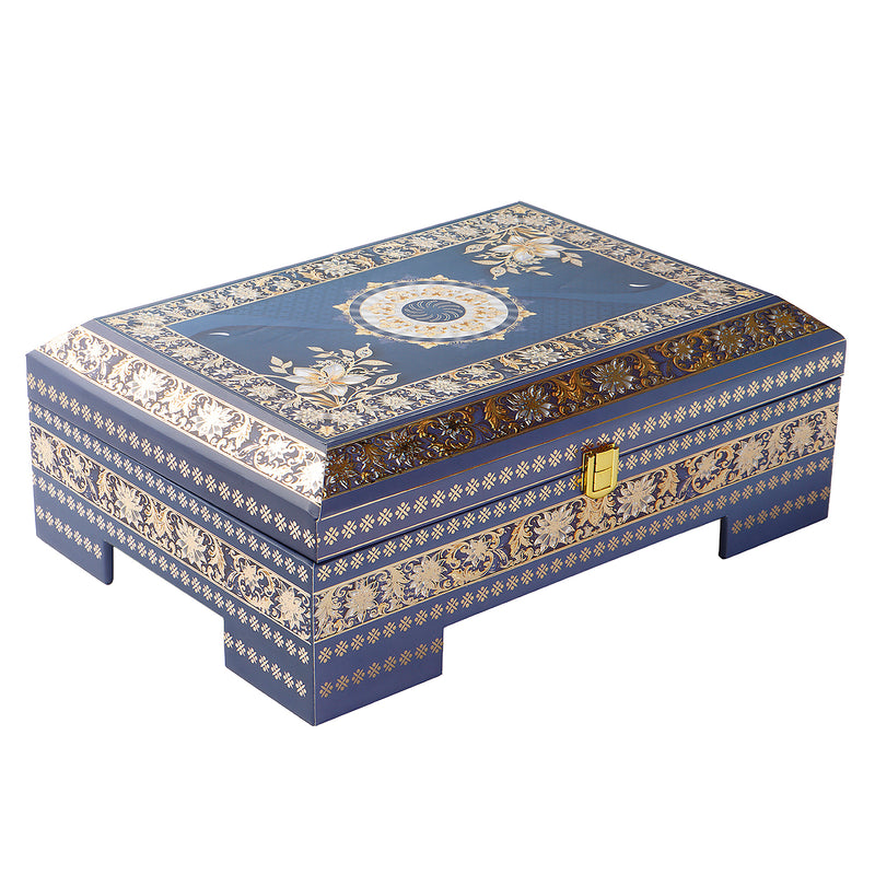 Royal Blue Festive MDF Hamper with 4 printed short salsa jars & 9 cavity tray (13.5x9.5x5) Inch 9062