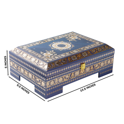Royal Blue Festive MDF Hamper with 4 printed short salsa jars & 9 cavity tray (13.5x9.5x5) Inch 9062