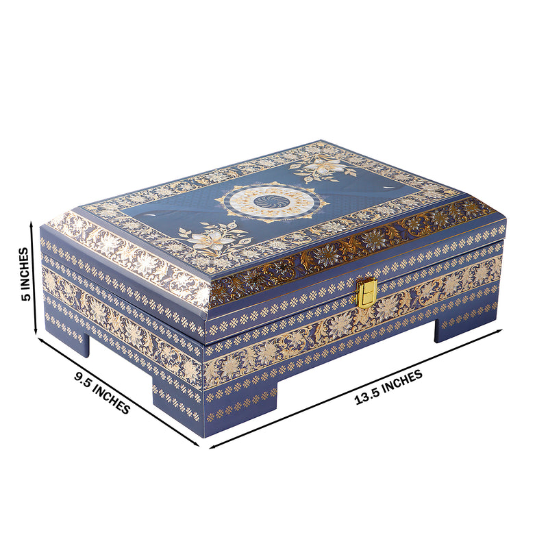 Royal Blue Festive MDF Hamper with 4 printed short salsa jars & 9 cavity tray (13.5x9.5x5) Inch 9062
