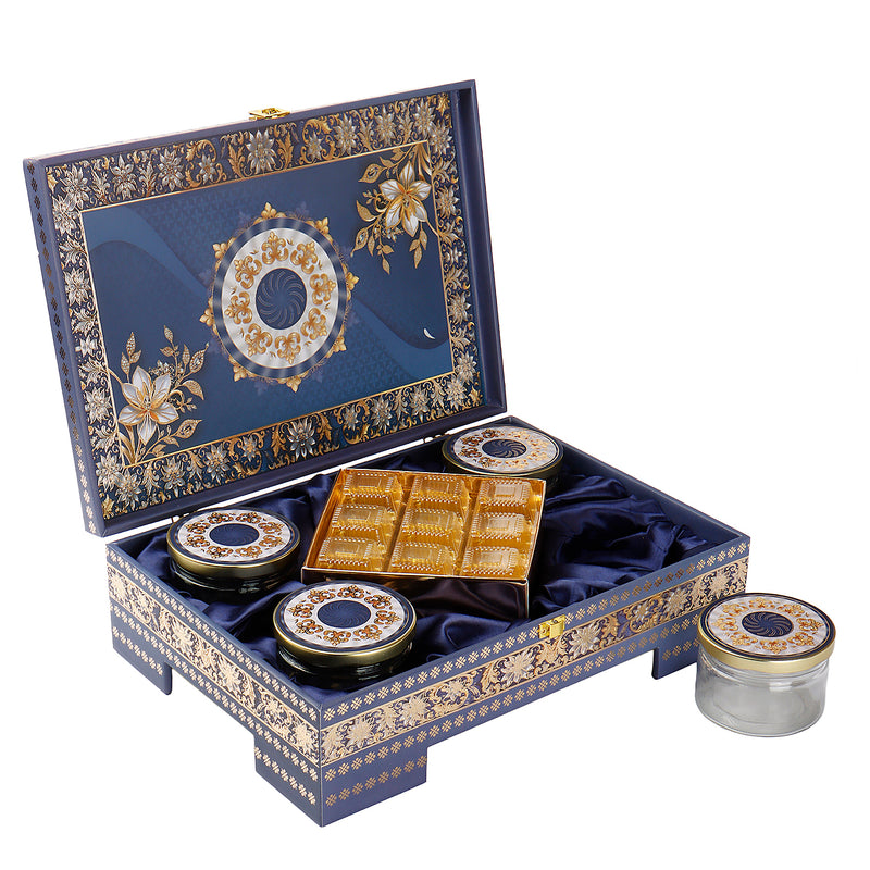 Royal Blue Festive MDF Hamper with 4 printed short salsa jars & 9 cavity tray (13.5x9.5x5) Inch 9062
