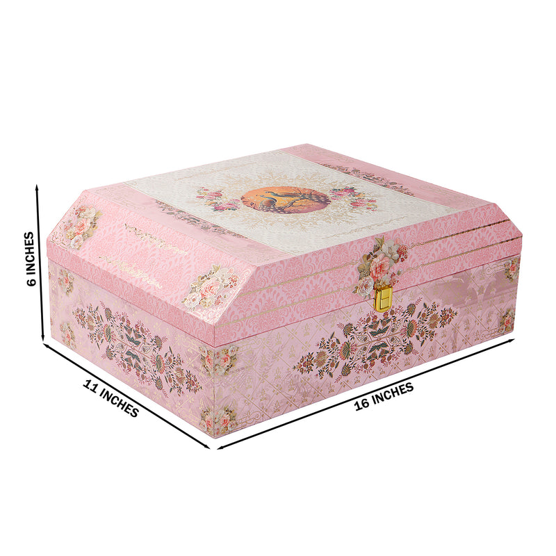Pink Floral MDF Hamper Box with 3 flute jar & 8 cavity tray (16x11x6) Inch 9011