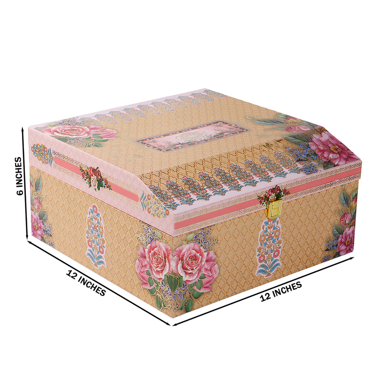 Floral Grace MDF Hamper Box with 2 matte black jar & 15 cavity tray (12x12x6) Inch 9030