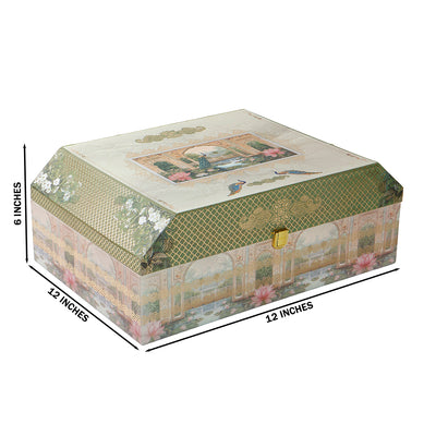 Pichwai Art MDF Hamper Box with 3 pumpkin jar & 14 cavity tray (16x11x6) Inch 9011A