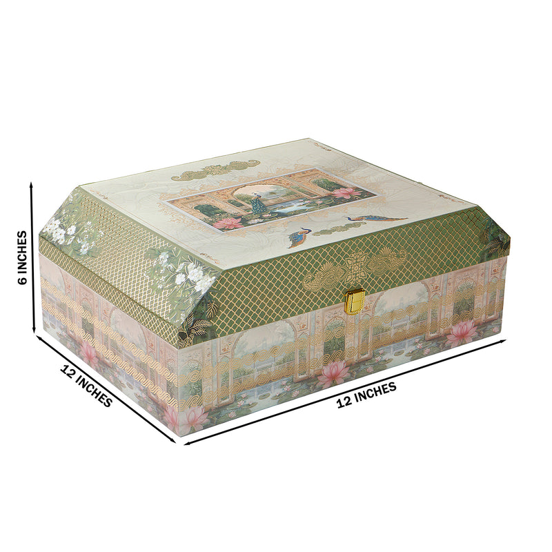 Pichwai Art MDF Hamper Box with 3 pumpkin jar & 14 cavity tray (16x11x6) Inch 9011A