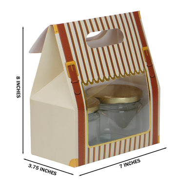 are you looking Small Gift Box With Handle containing a glass jar with a gold lid. for gifting box size is 7*3.75*8 Inches and color: Beige. About this product and Usage This box is used for jewelry, cupcake, small gift items, dry cakes, muffins, brownies and much more. Perfect for any occasion - Diwali, Valentines, Special Occasion, Birthday, Anniversary Christmas, Weddings, Engagements, Anniversaries, Baby Showers, Home parties etc.