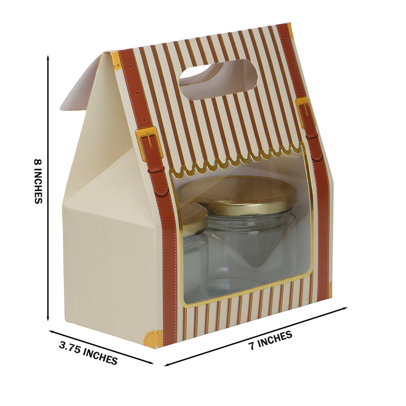 are you looking Small Gift Box With Handle containing a glass jar with a gold lid. for gifting box size is 7*3.75*8 Inches and color: Beige. About this product and Usage This box is used for jewelry, cupcake, small gift items, dry cakes, muffins, brownies and much more. Perfect for any occasion - Diwali, Valentines, Special Occasion, Birthday, Anniversary Christmas, Weddings, Engagements, Anniversaries, Baby Showers, Home parties etc.